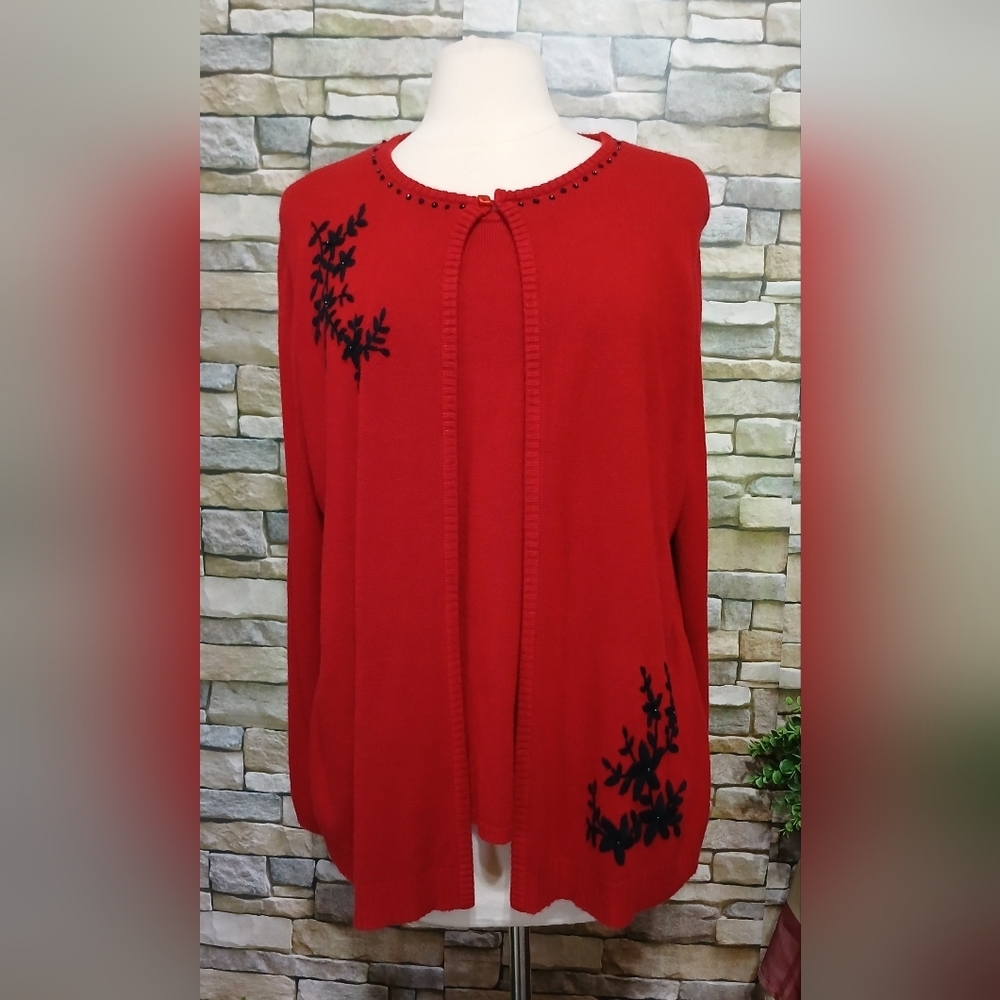 Laura Scott Red Sweater Black Floral Embroidery Sequined Holiday Festive 16/18